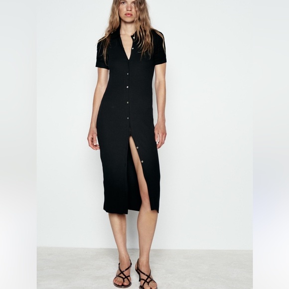 Dresses & Skirts - Vintage Rib Knit‎ Short Sleeve Button Up Midi Dress Classic Dark Feminine Small